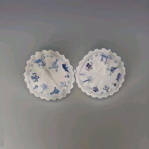 Vintage Blue White Hand Embroidered Asian Linen Placemats Pair of 2 Scalloped